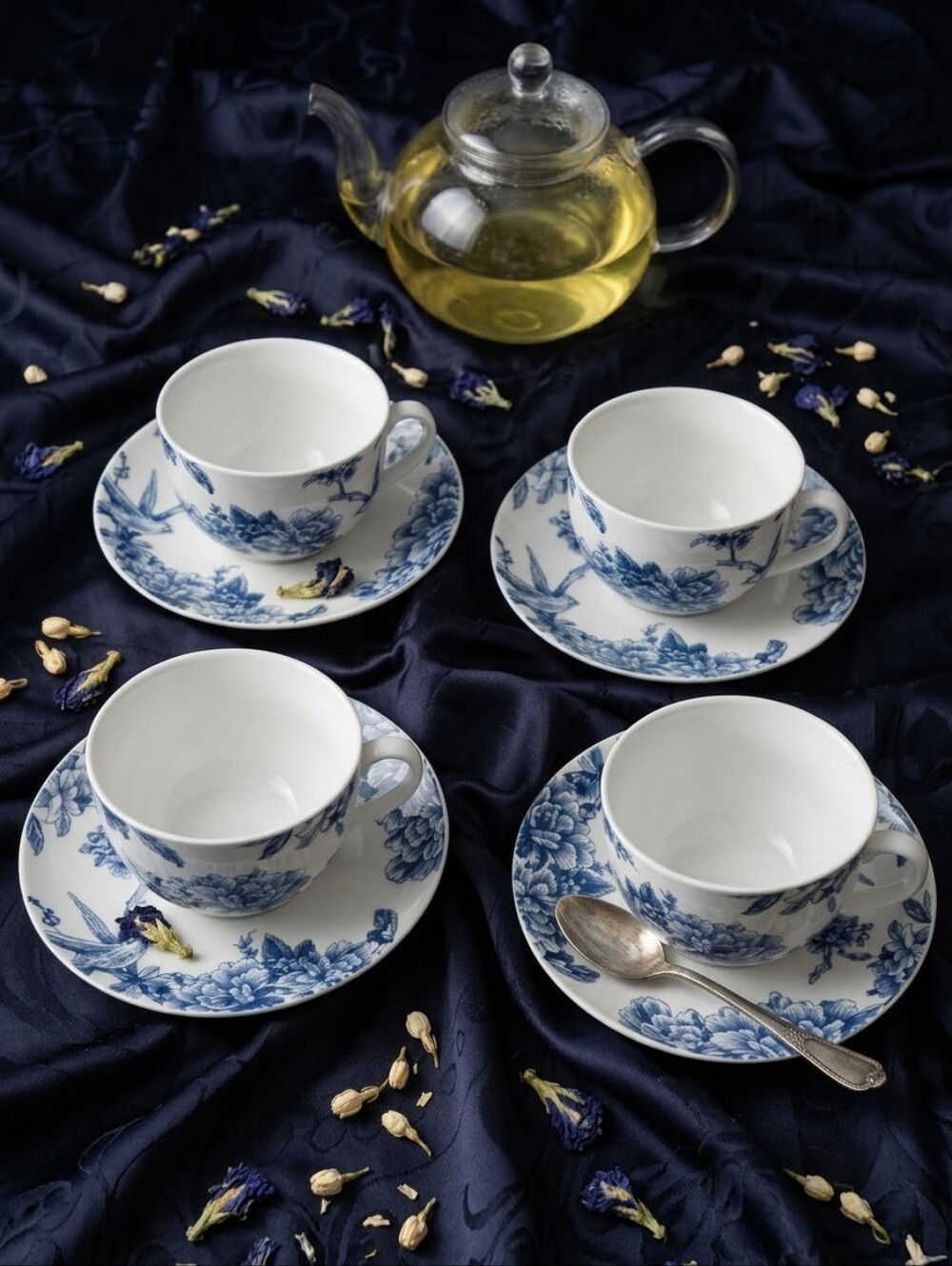 Stokes Vienna Blue Tea Set 4 Teacups & Saucers White Blue Flowers & Birds